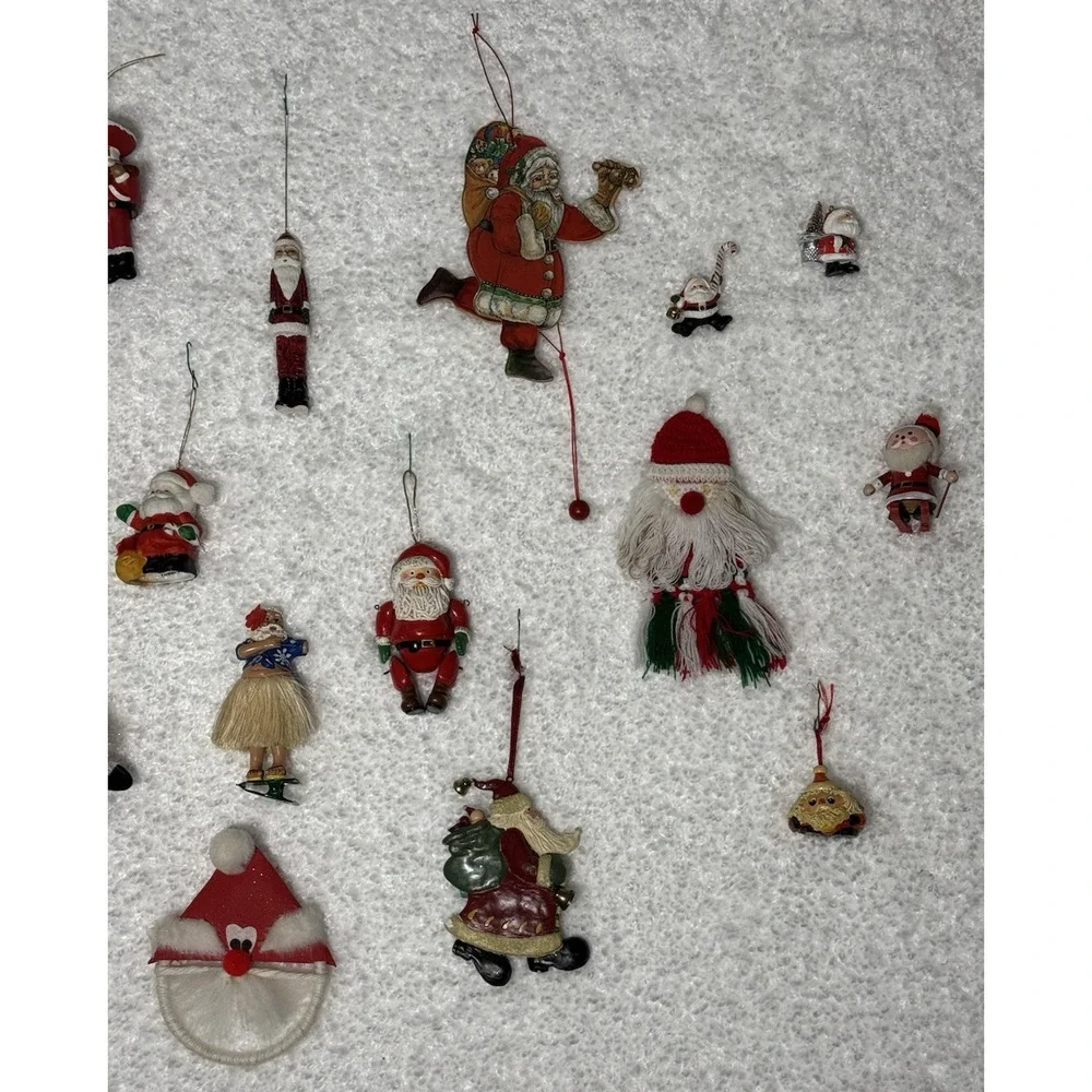 15 Santa Christmas Ornaments Crochet Macrame Bells, Clips, Vintage Handmade
